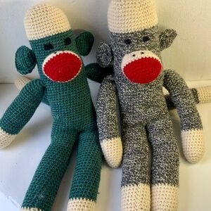 Two large sock monkeys friends - crochet in green and grey/salt and pepper
